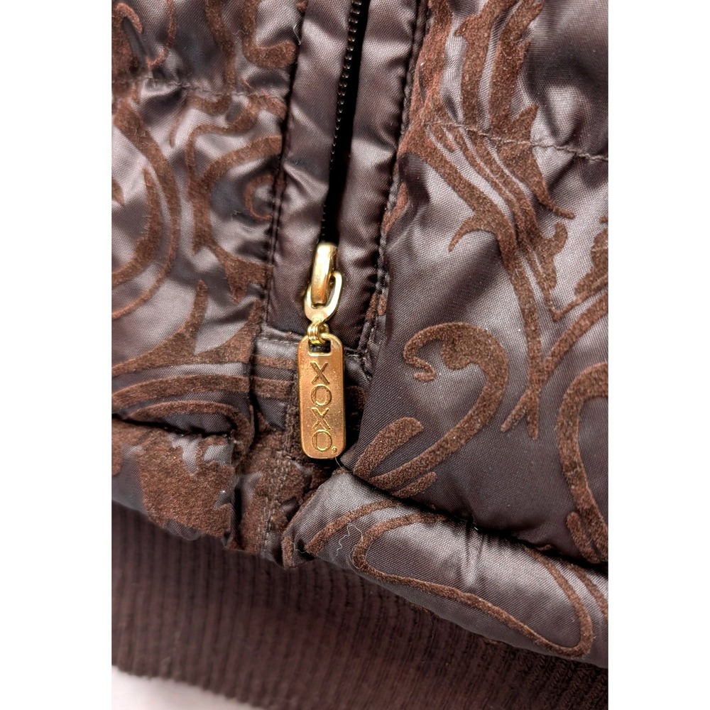 XOXO Womens Brown Damask Puffer Vest Faux Fur Collar Quilted Zip Up Size Large - Picture 4 of 7